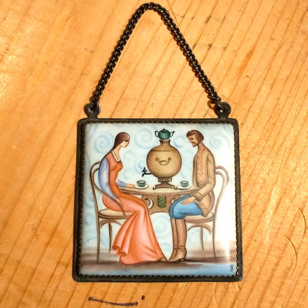 Hand painted, framed ceramic tile, possibly French